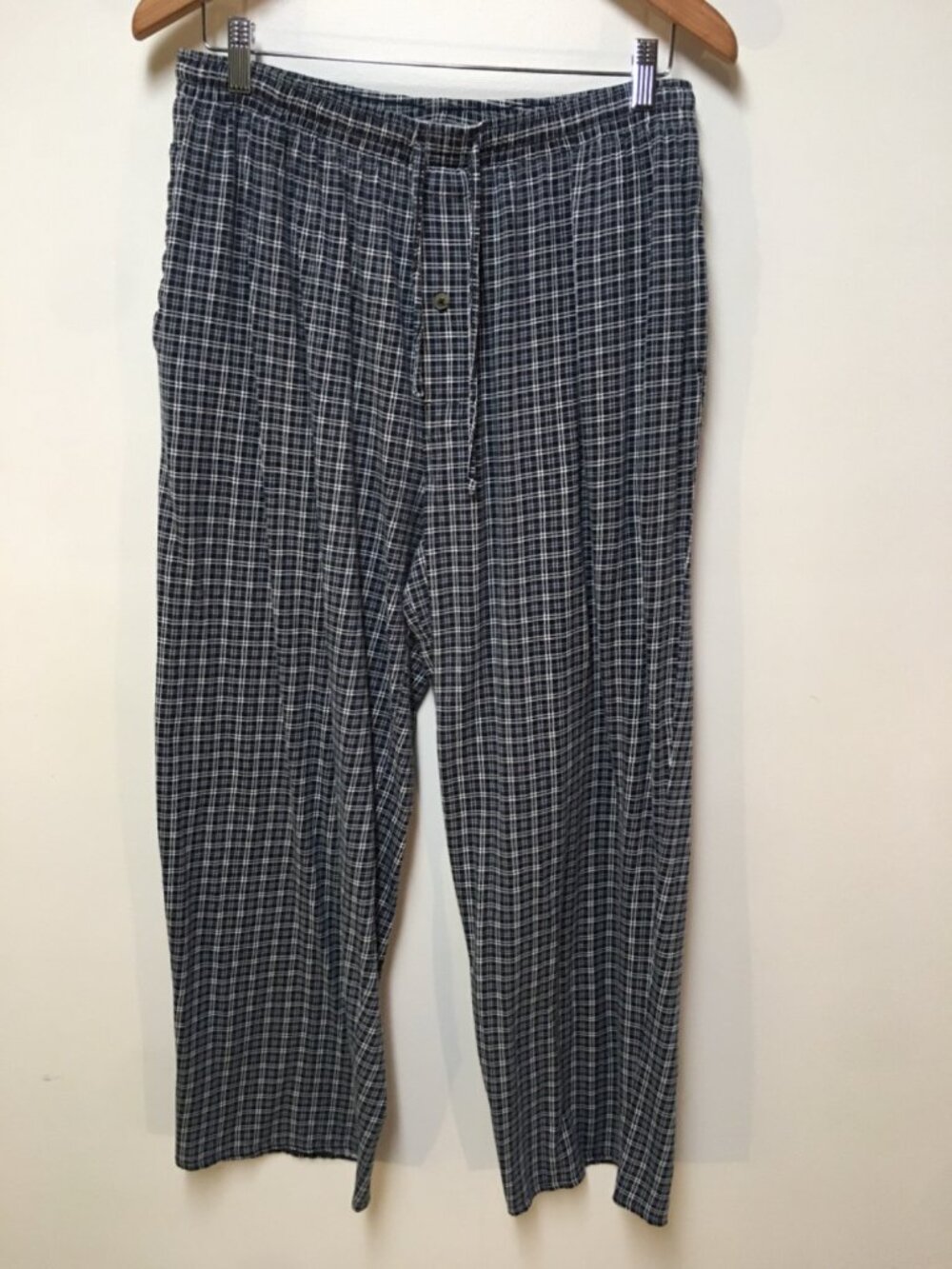 Puritan Men L Pajama Pants Blue Plaid Knit Lightweight Drawstring Vintage 90s